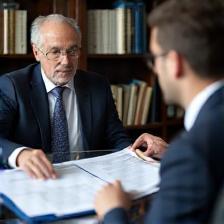 Attorney reviewing trademark documentation with client